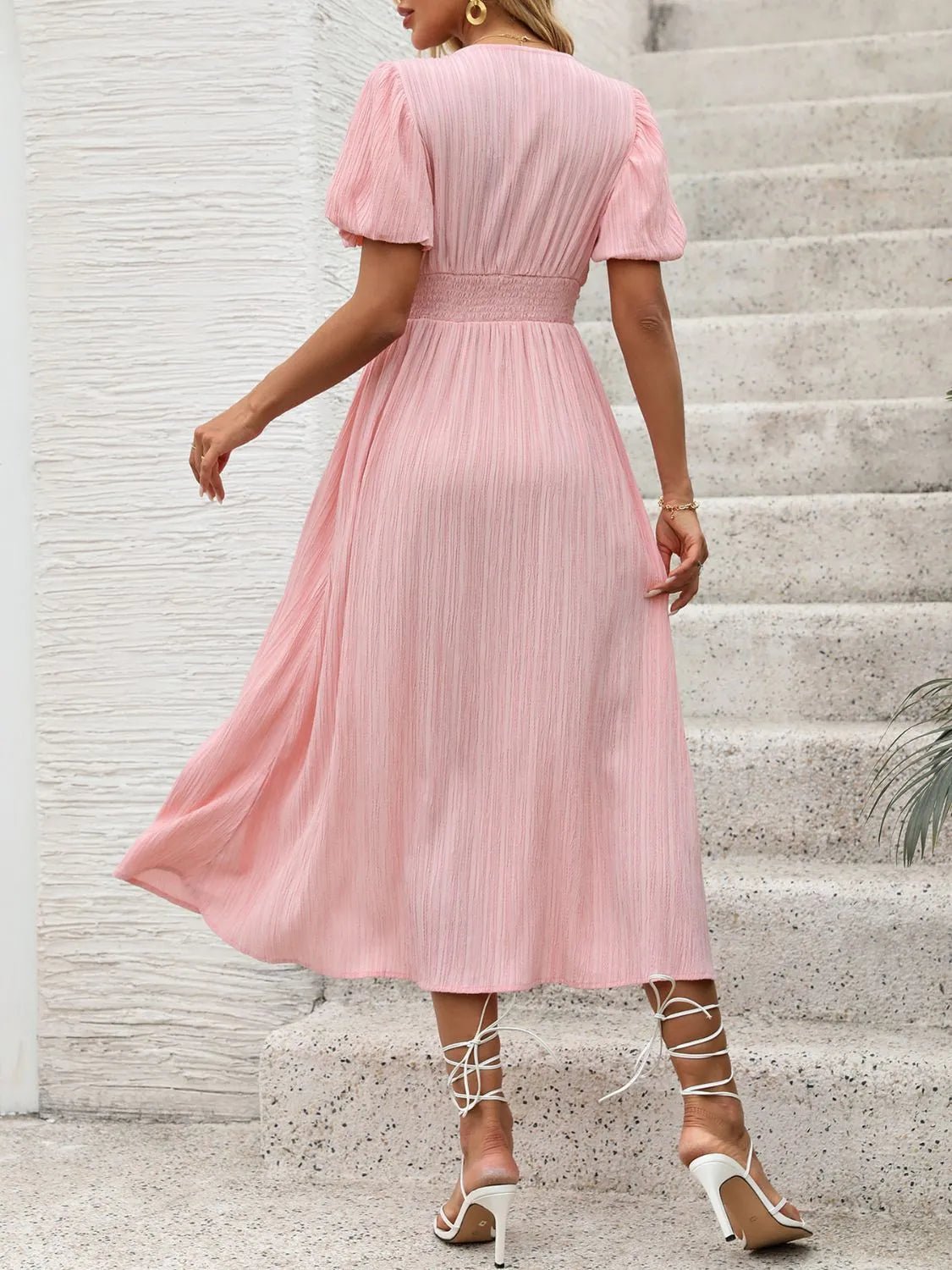 V - Neck Puff Sleeve Dress - TNT Dress Co.