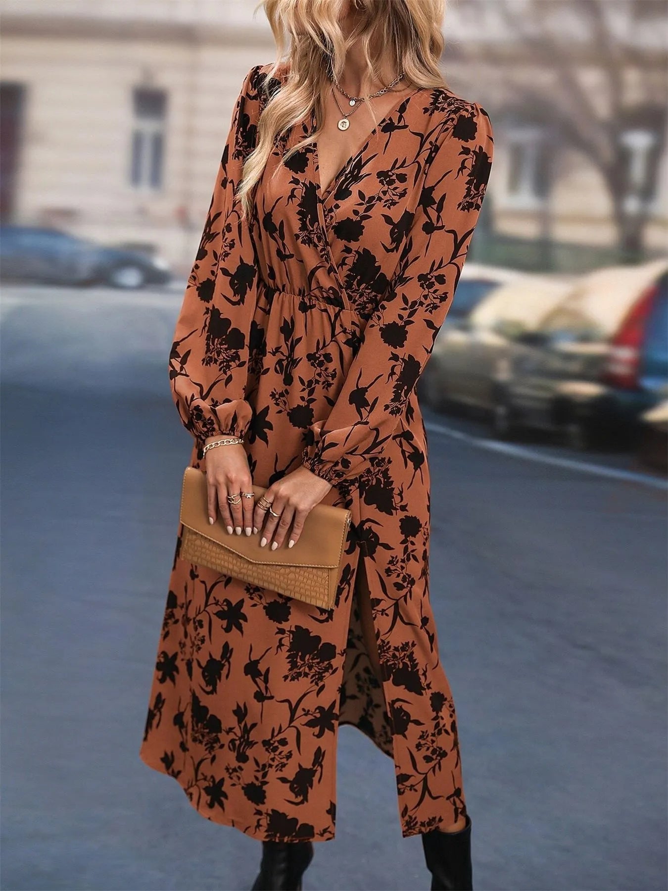 Printed Surplice Long Sleeve Dress - The Nicole - Tayan Dress Co.