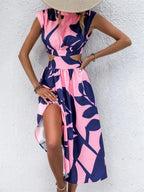 Cutout Printed Cap Sleeve Midi Dress - TNT Dress Co.