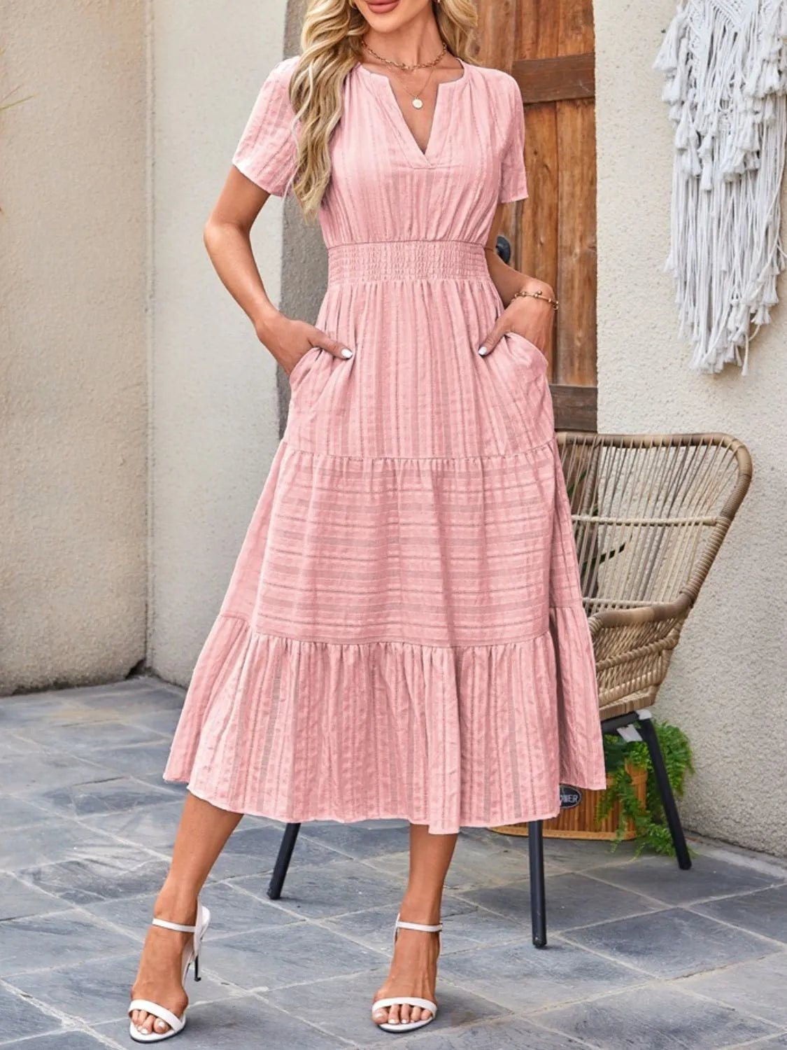Tiered Notched Short Sleeve Dress - TNT Dress Co.