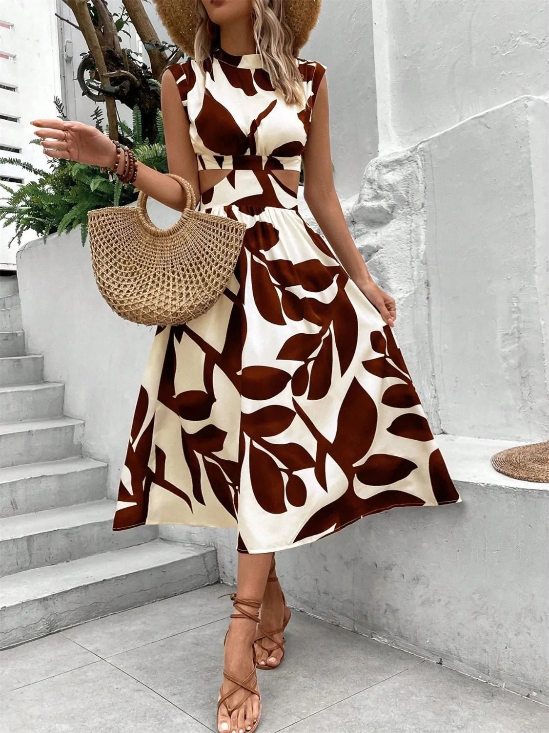 Cutout Printed Cap Sleeve Midi Dress - TNT Dress Co.