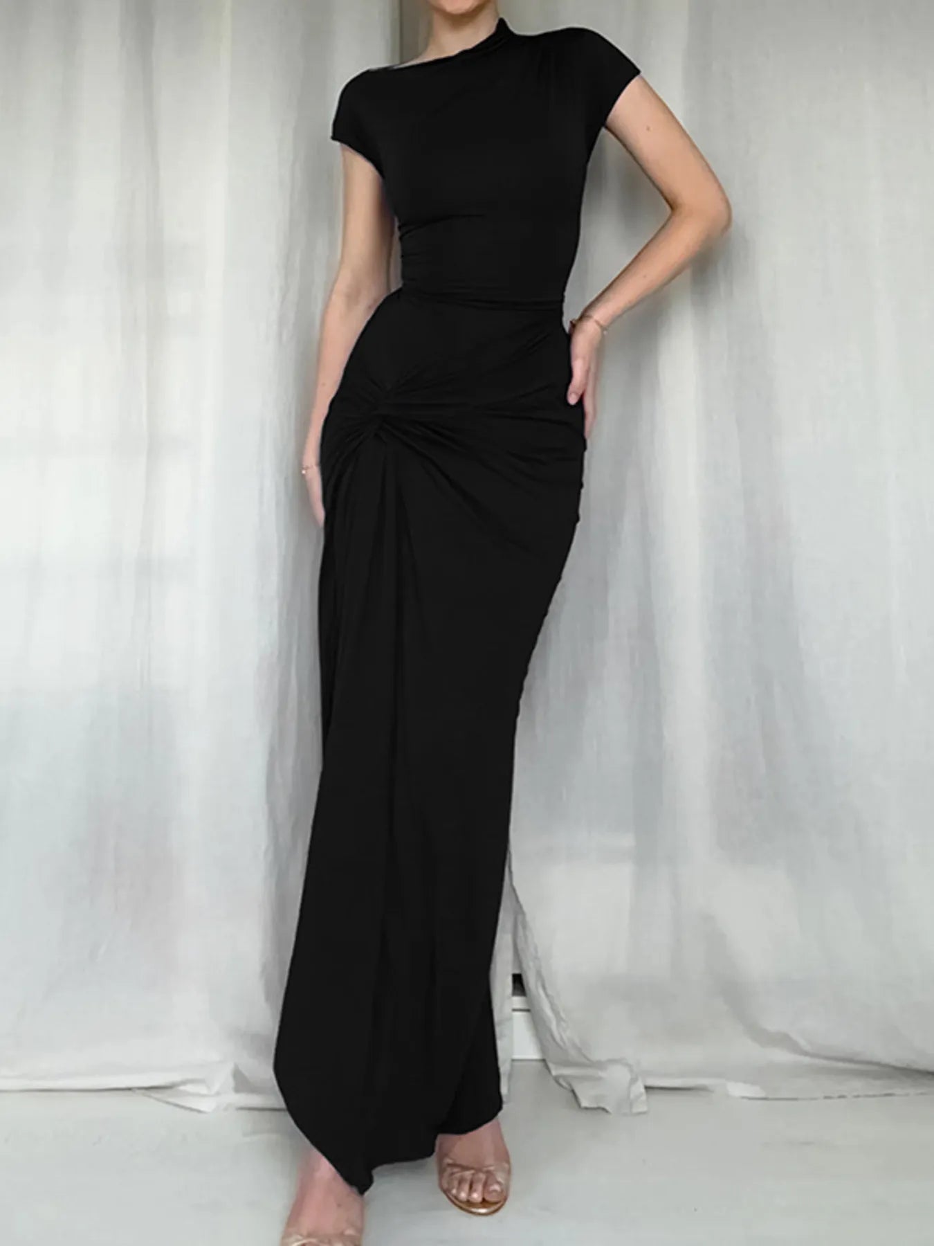 Ruched Slit Cap Sleeve Maxi Dress - TNT Dress Co.