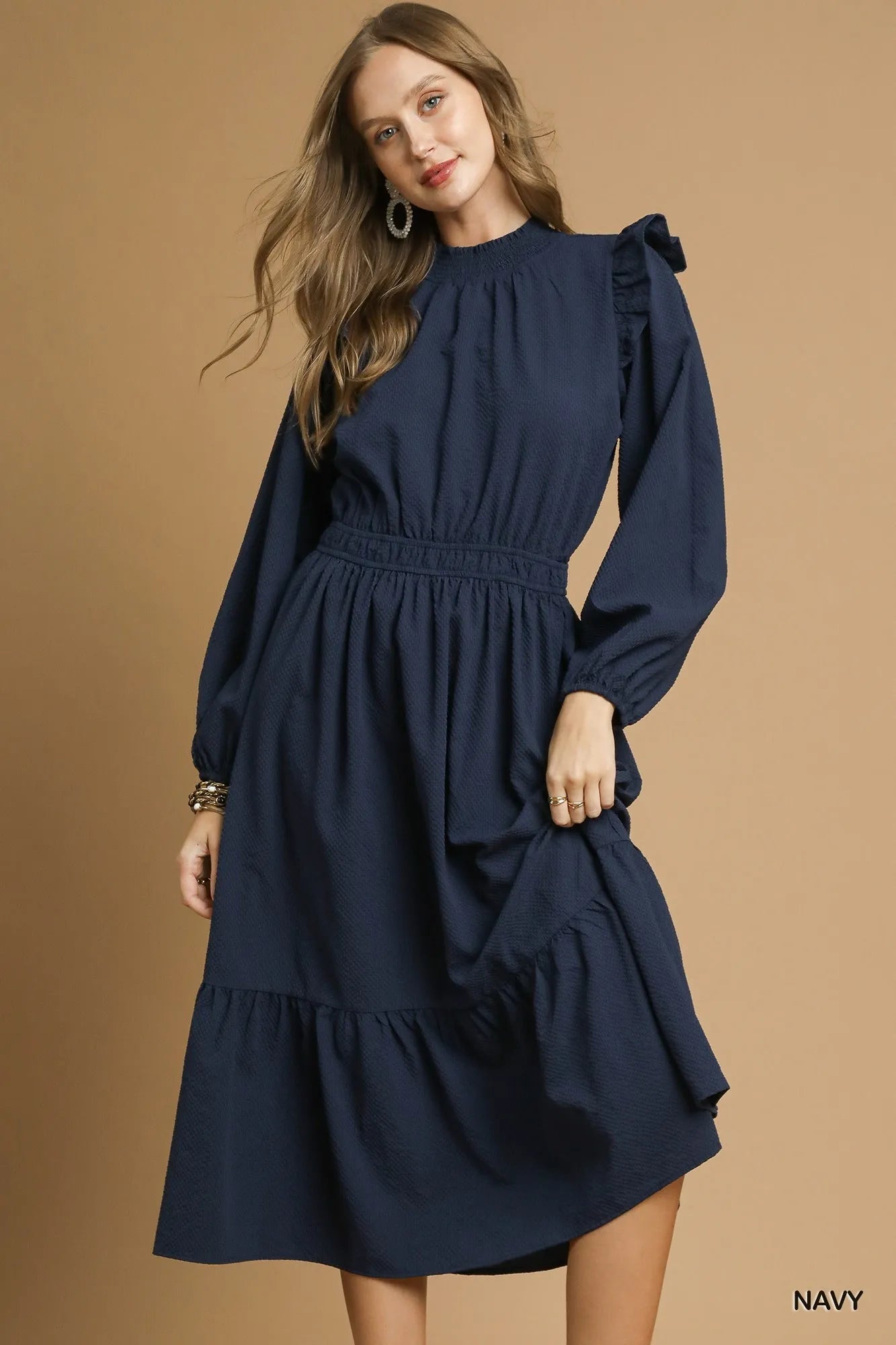 Midi Dress with Ruffle Shoulder - The Nicole - Tayan Dress Co.