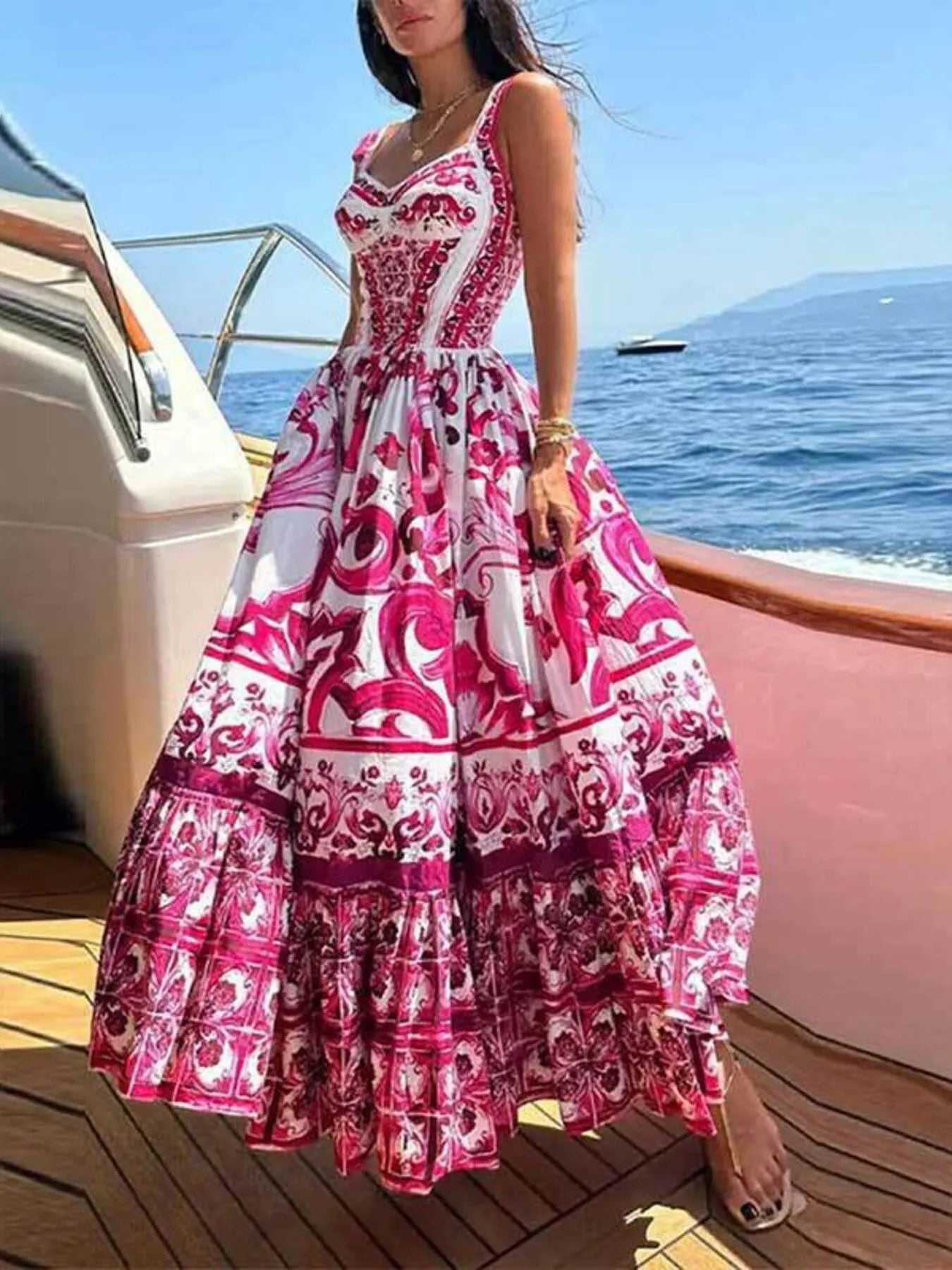 Full Size Printed Sweetheart Neck Maxi Cami Dress Plus Size - TNT Dress Co.