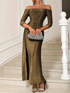 Off - Shoulder Long Sleeve Midi Dress with Slit - TNT Dress Co.