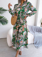Printed Long Sleeve Midi Dress with Tied Detail - TNT Dress Co.
