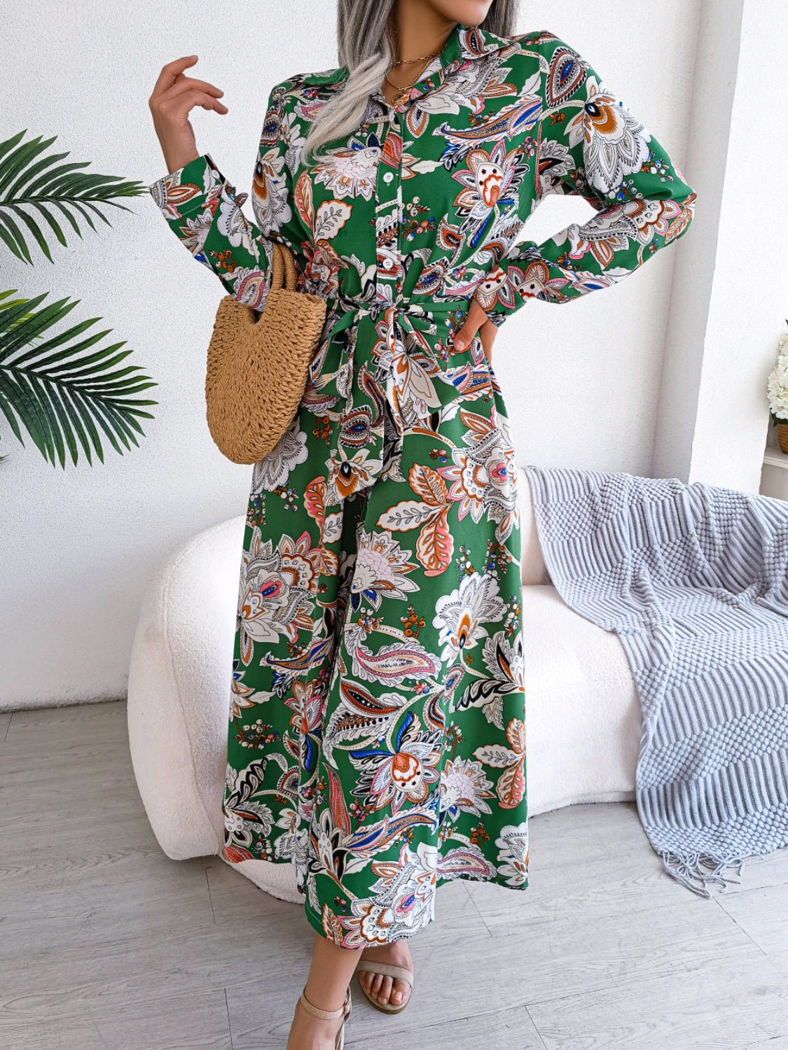 Printed Long Sleeve Midi Dress with Tied Detail - TNT Dress Co.