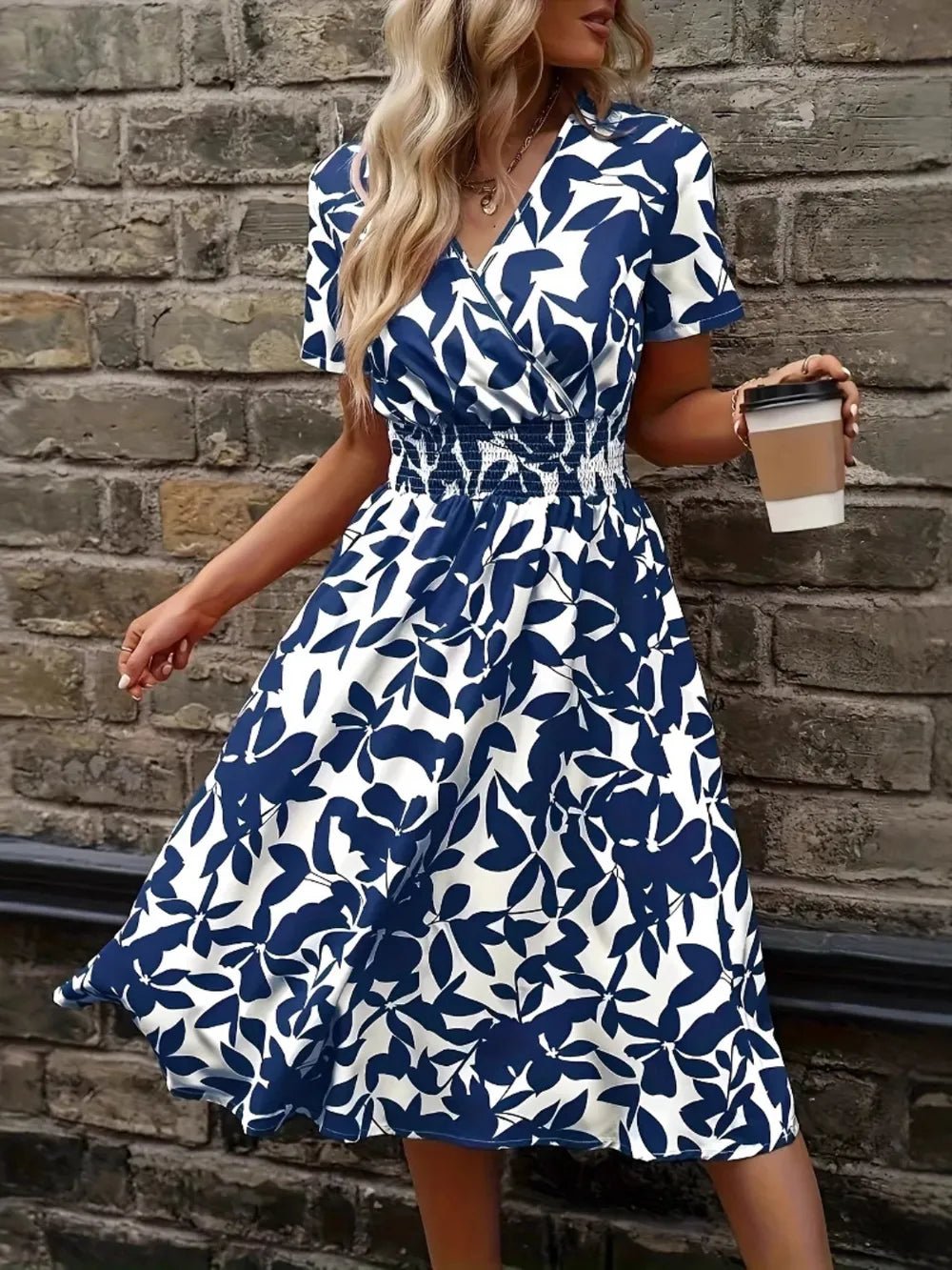 Printed Smocked Surplice Short Sleeve Dress - TNT Dress Co.