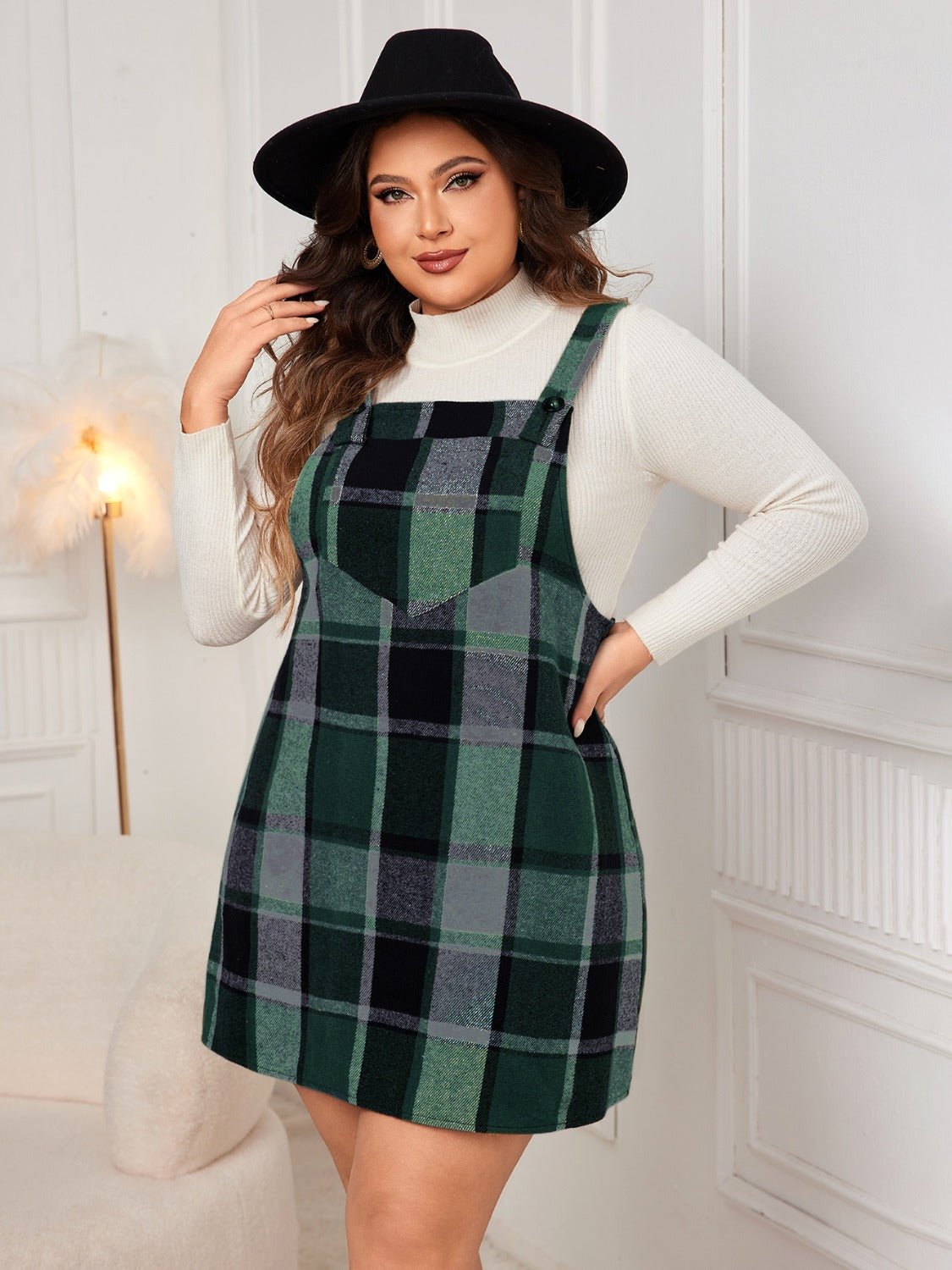 Plus Size Honey Plaid Wide Strap Overall Dress - TNT Dress Co.