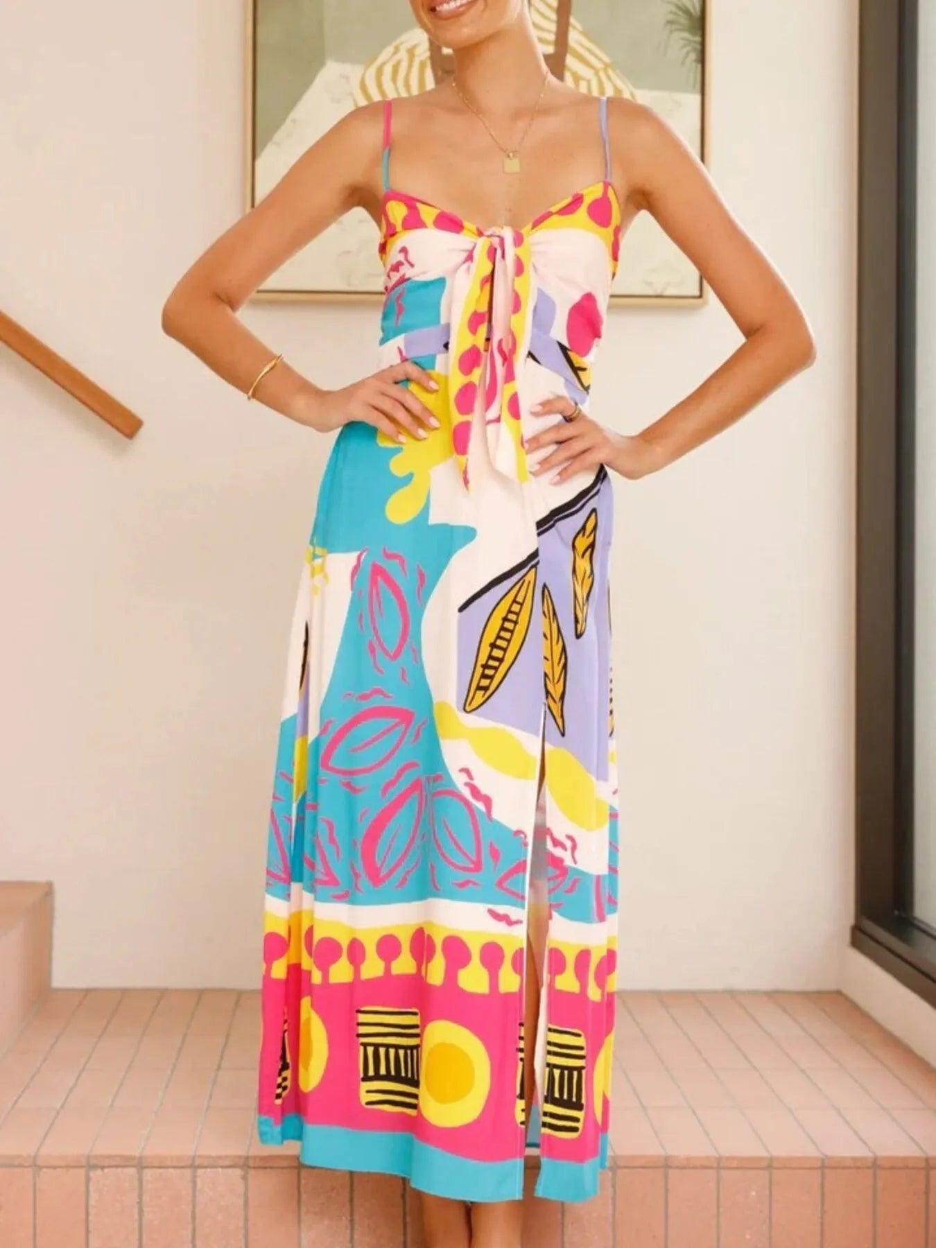 Tied Front Printed Slit Maxi Cami Dress - TNT Dress Co.