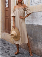 Ruffled Off - Shoulder Puff Sleeve Midi Dress - TNT Dress Co.