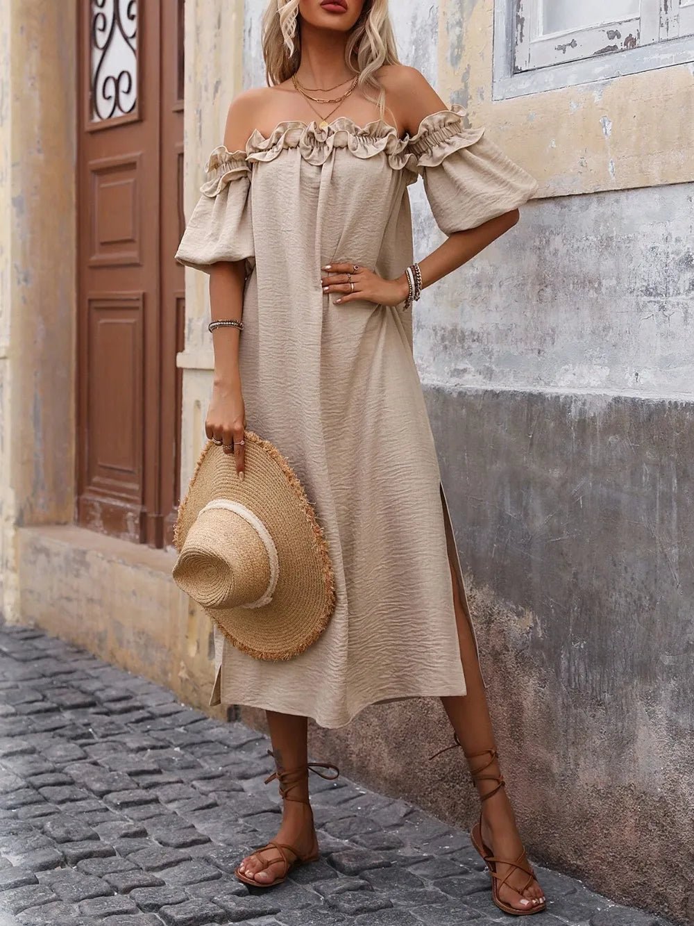 Ruffled Off - Shoulder Puff Sleeve Midi Dress - TNT Dress Co.
