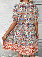 Printed Tie Neck Short Sleeve Dress - TNT Dress Co.