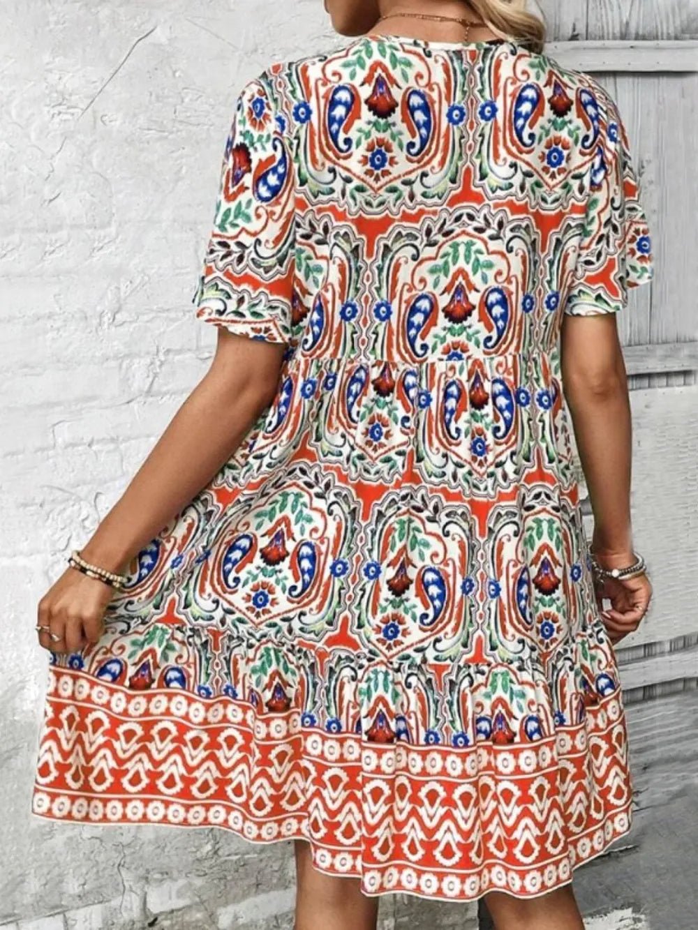 Printed Tie Neck Short Sleeve Dress - TNT Dress Co.