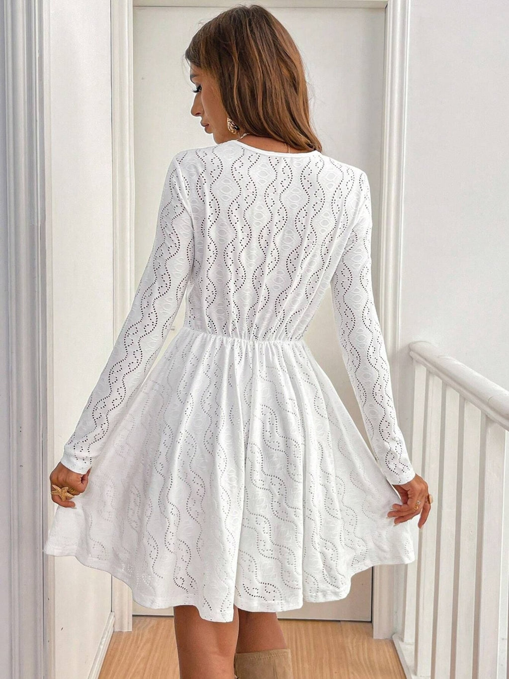 V-Neck Long Sleeve Mini Dress with Lace Detail - TNT Trends 