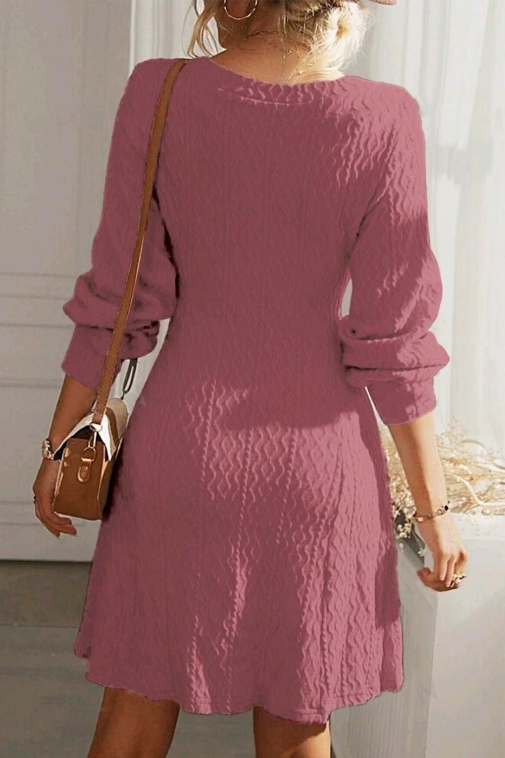 V - Neck Long Sleeve Textured Dress - TNT Dress Co.