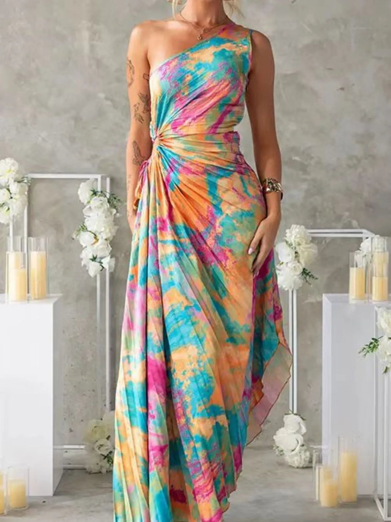 Printed One Shoulder Asymmetrical Maxi Dress - TNT Dress Co.