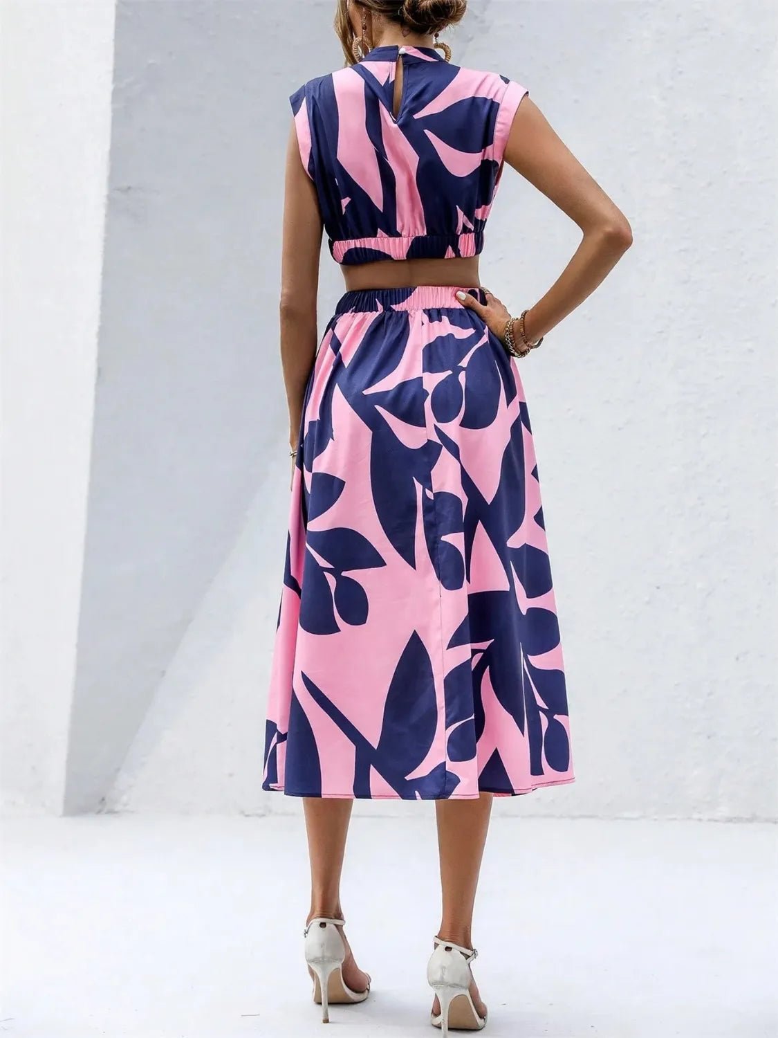 Cutout Printed Cap Sleeve Midi Dress - TNT Dress Co.