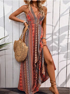 Tied Back Printed Sleeveless Maxi Slit Dress - TNT Dress Co.
