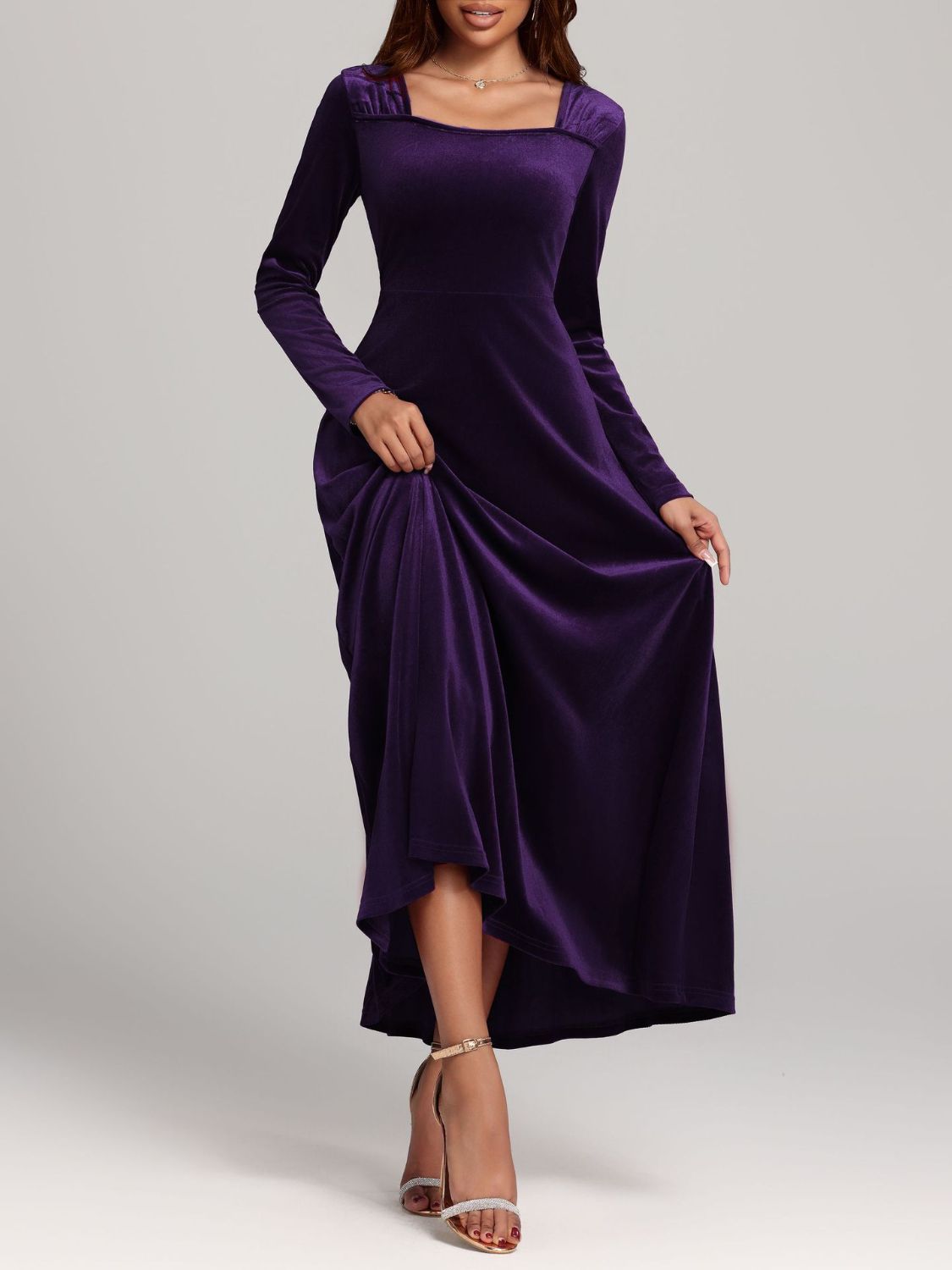 Velvet Square Neck Long Sleeve Dress - TNT Dress Co.