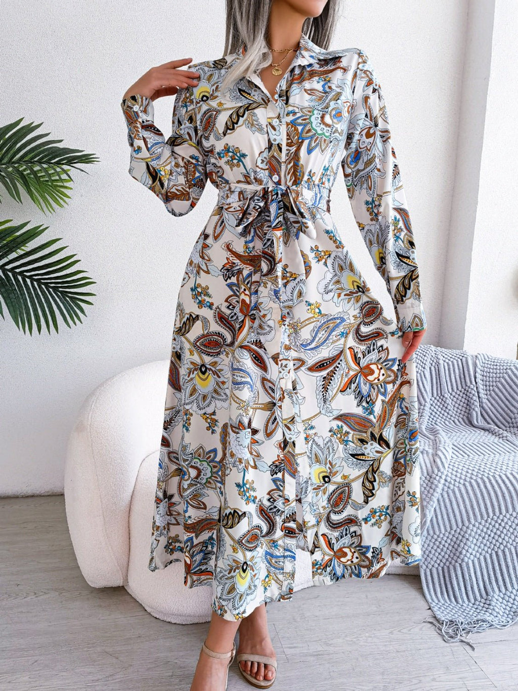 Printed Long Sleeve Midi Dress with Tied Detail - TNT Dress Co.