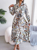 Printed Long Sleeve Midi Dress with Tied Detail - TNT Dress Co.