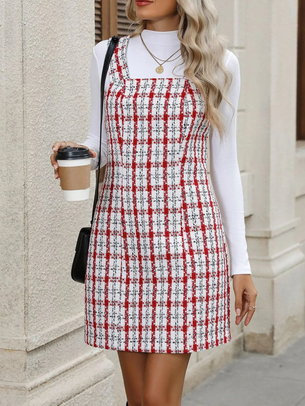 Plaid Tweed Square Neck Mini Dress - The Nicole - Tayan Dress Co.