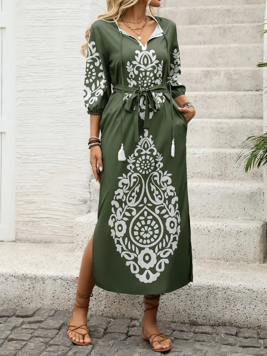 Side Slit Printed Tie Neck Dress - TNT Dress Co.