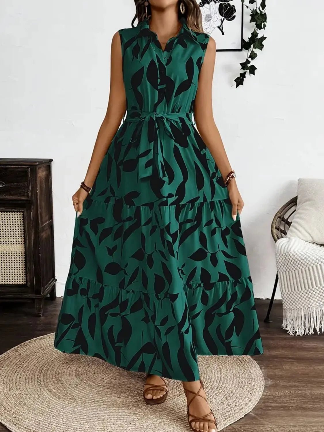 Printed Tie Waist Sleeveless Maxi Dress - TNT Dress Co.