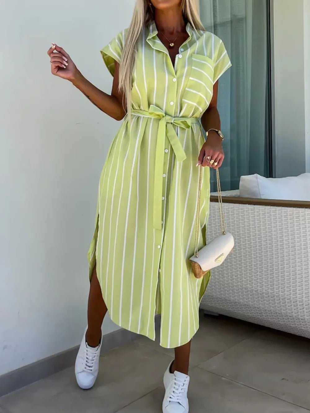 Striped Tie Waist Short Sleeve Dress - TNT Dress Co.