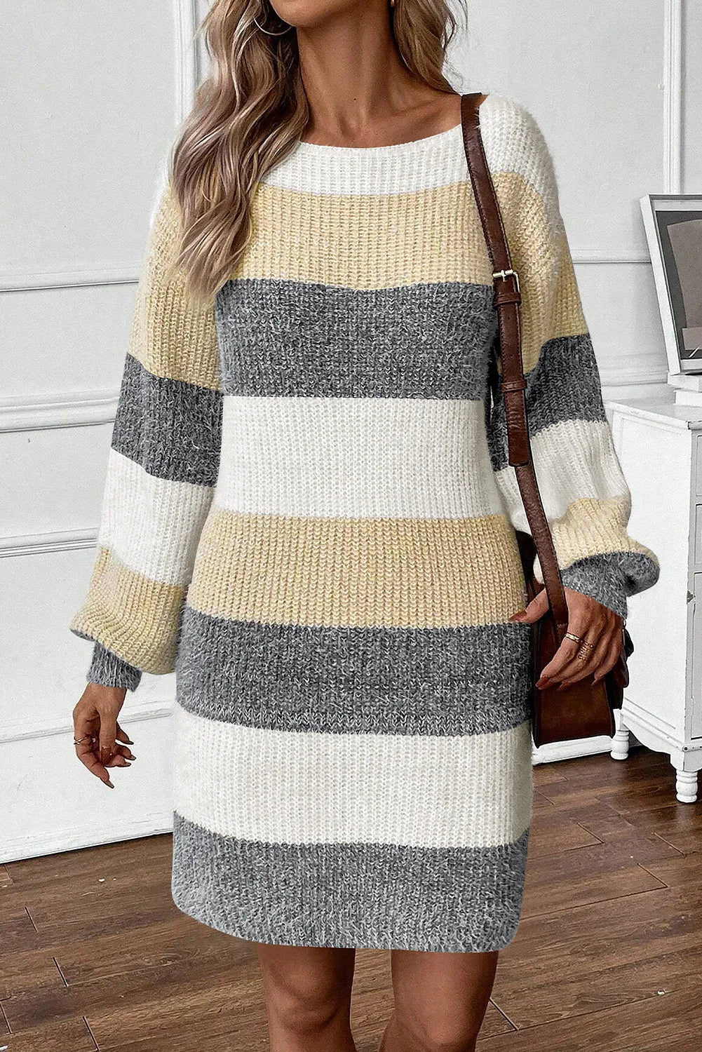 Color Block Boat Neck Long Sleeve Sweater Dress - TNT Dress Co.