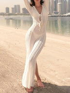 Pearl Detail Long Sleeve Knit Cover Up Dress - TNT Dress Co.