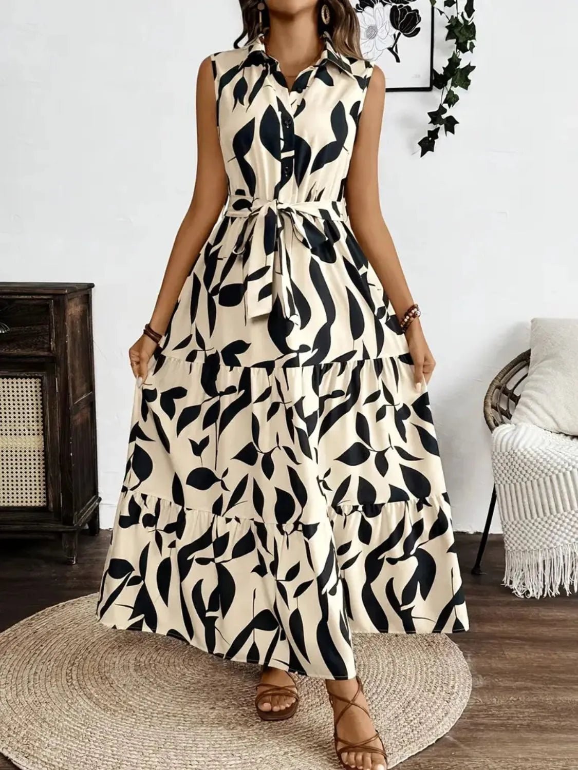 Printed Tie Waist Sleeveless Maxi Dress - TNT Dress Co.