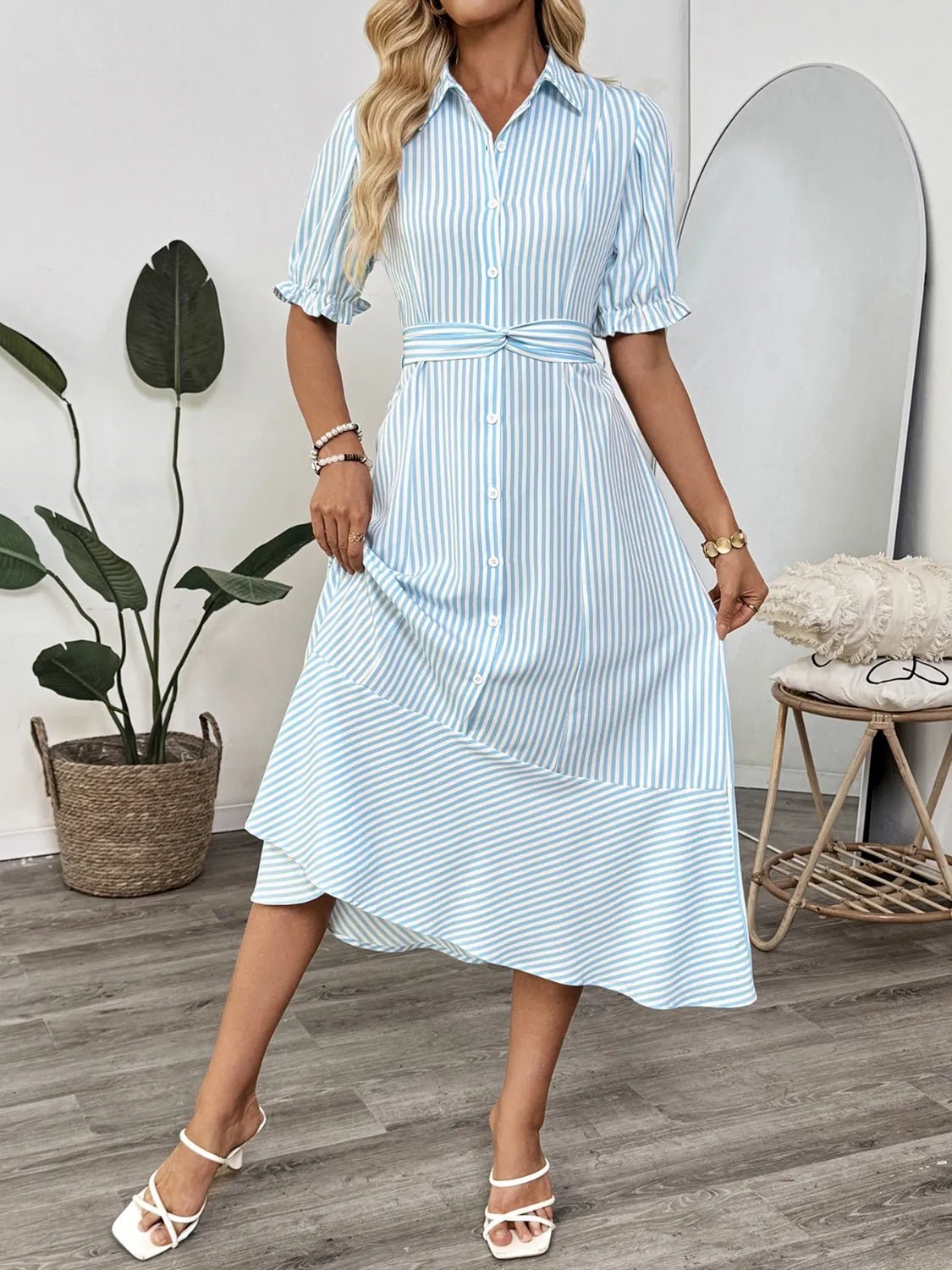 Striped Button - Down Midi Shirt Dress with Ruffle Sleeves - TNT Dress Co.