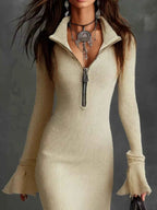 Ribbed Knit Zip Front Flare Hem Midi Dress