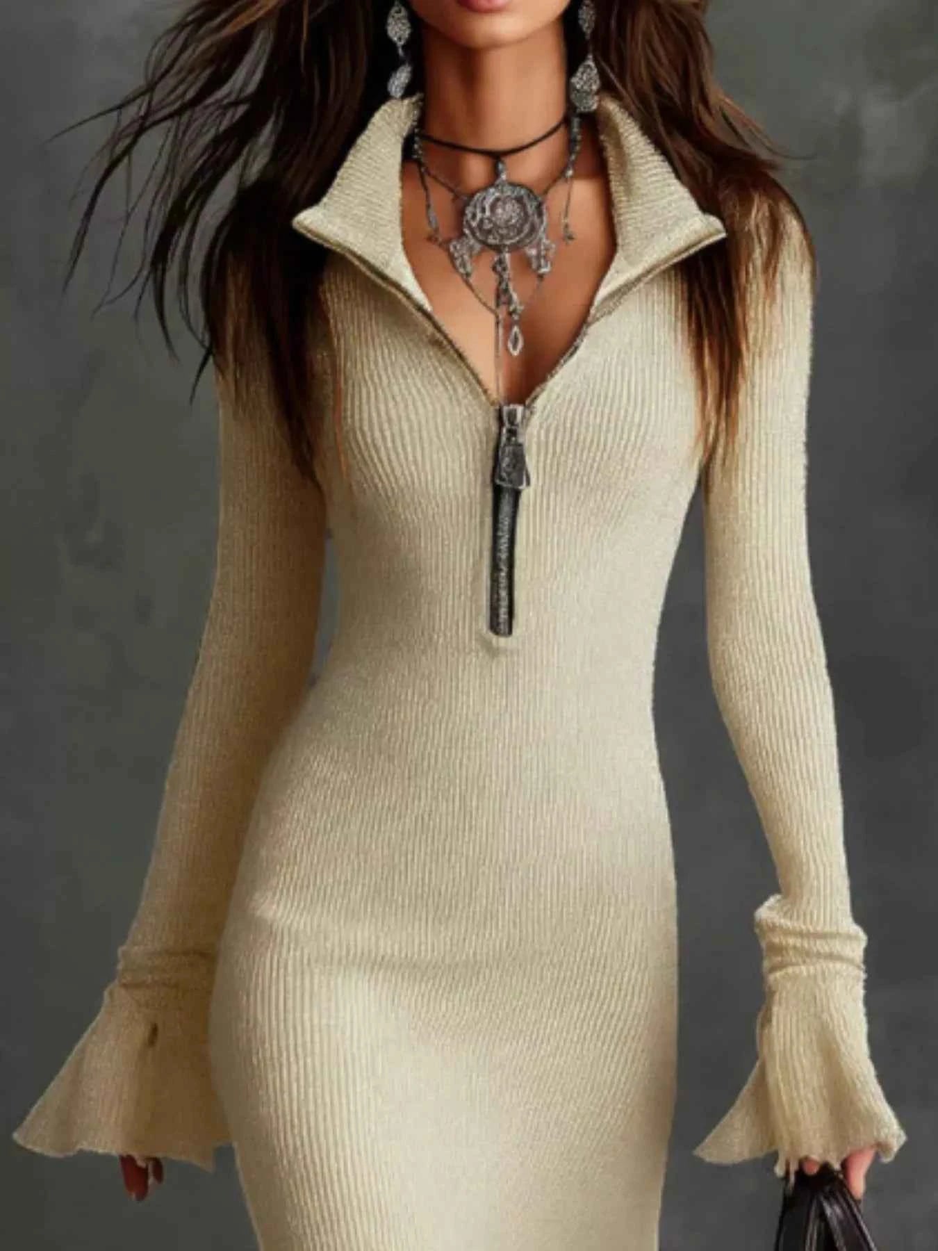 Ribbed Knit Zip Front Flare Hem Midi Dress