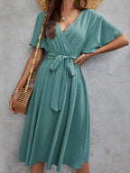 V - Neck Flutter Sleeve Midi Dress - TNT Dress Co.