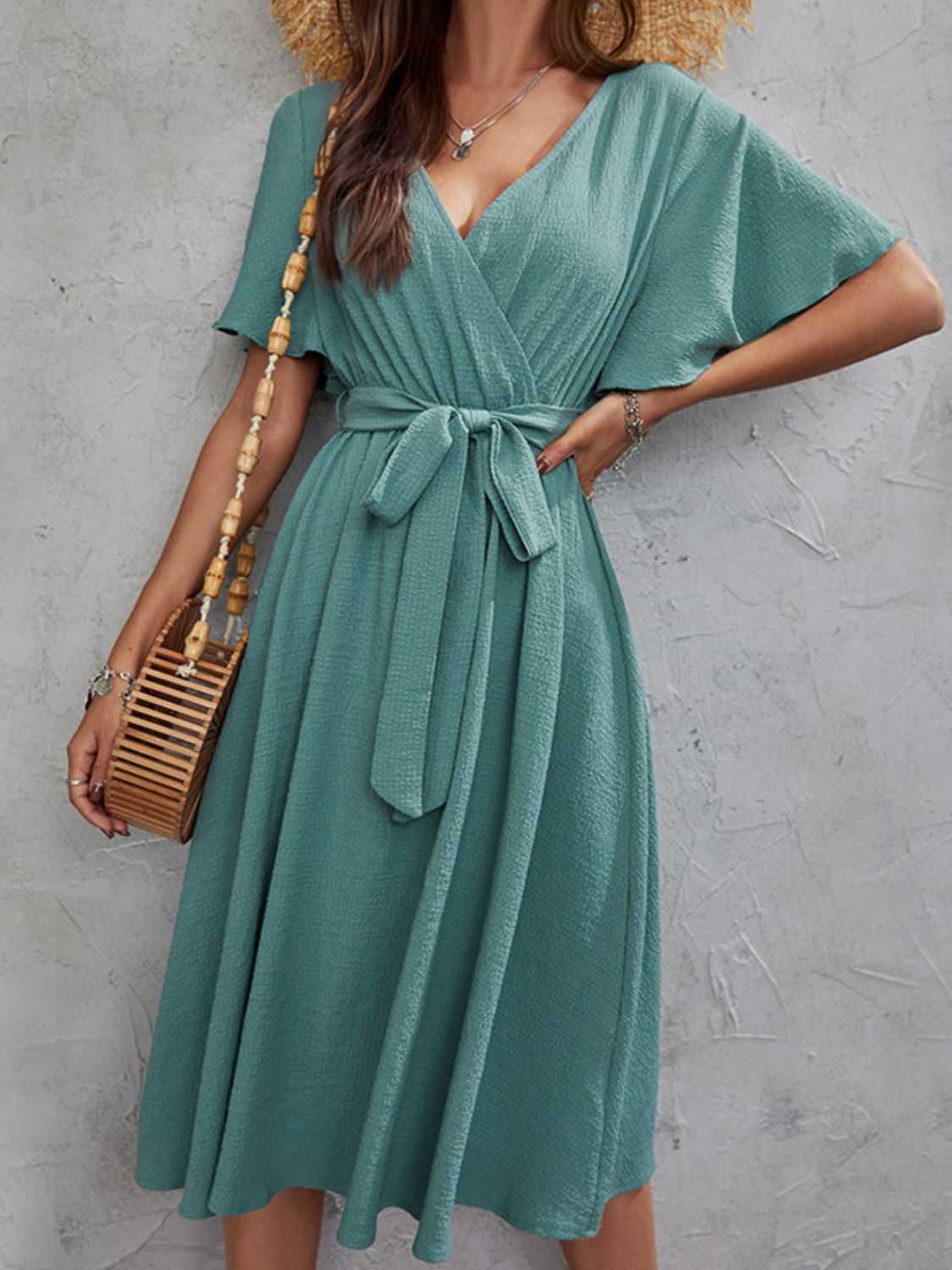 V-Neck Flutter Sleeve Midi Dress - TNT Trends 