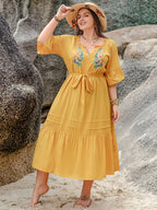 Plus Size Notched Tie Waist Midi Dress with Half Sleeves - TNT Dress Co.