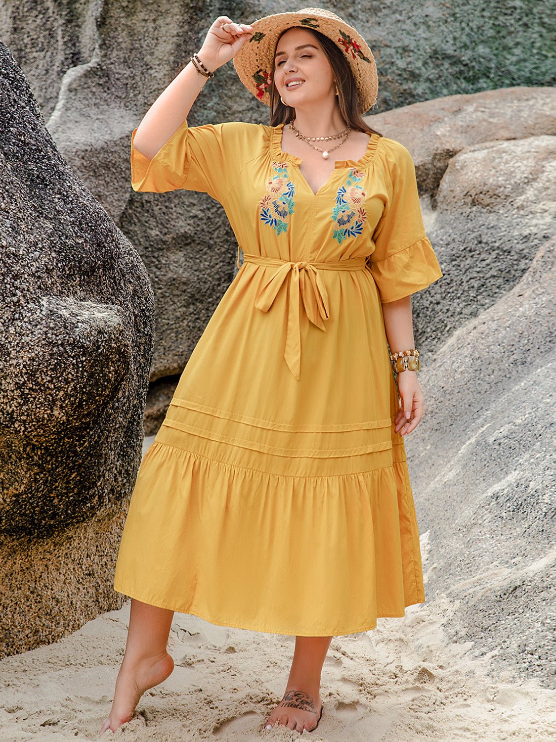 Plus Size Notched Tie Waist Midi Dress with Half Sleeves - TNT Dress Co.