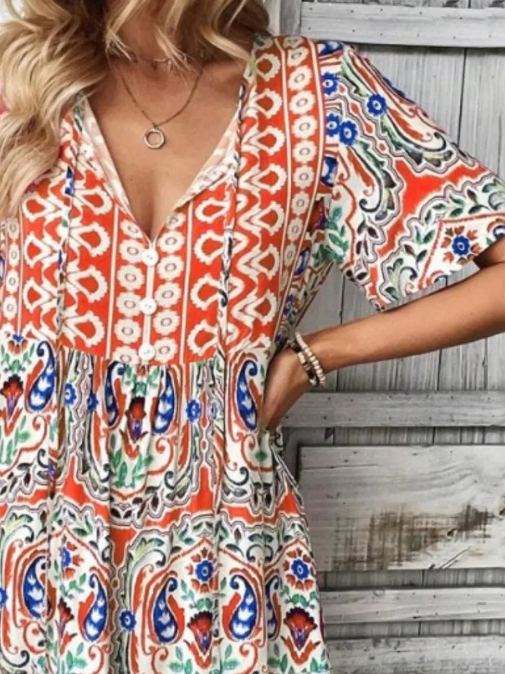 Printed Tie Neck Short Sleeve Dress - TNT Dress Co.