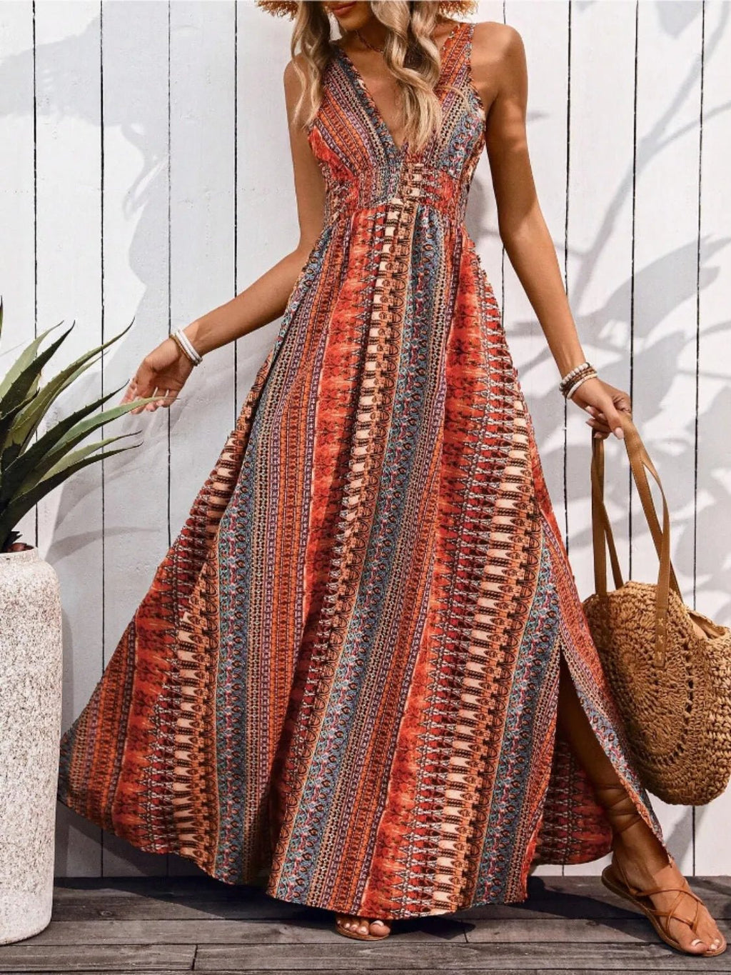 Tied Back Printed Sleeveless Maxi Slit Dress - TNT Dress Co.