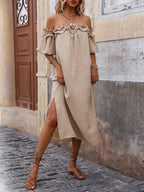 Ruffled Off - Shoulder Puff Sleeve Midi Dress - TNT Dress Co.