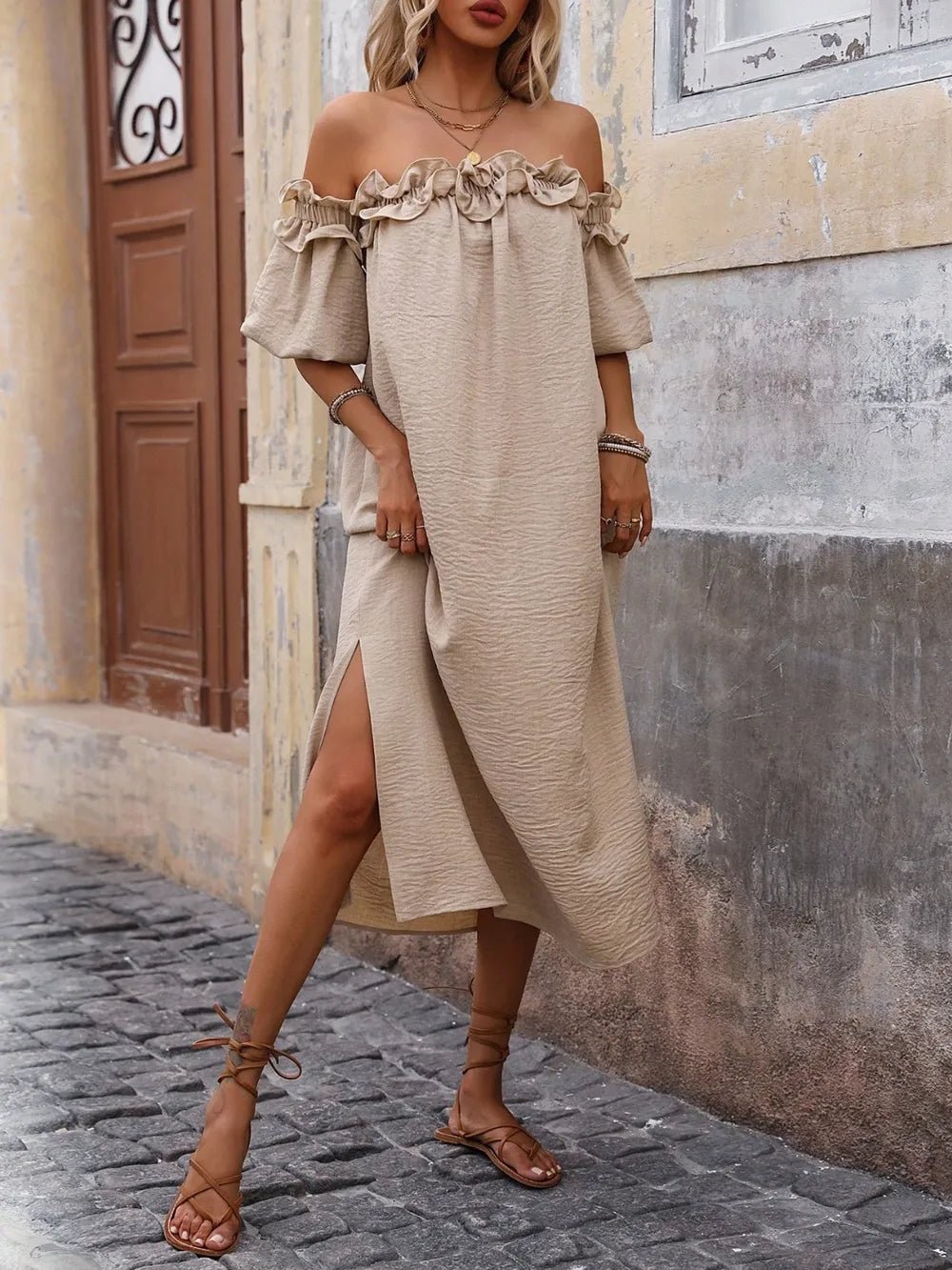 Ruffled Off - Shoulder Puff Sleeve Midi Dress - TNT Dress Co.