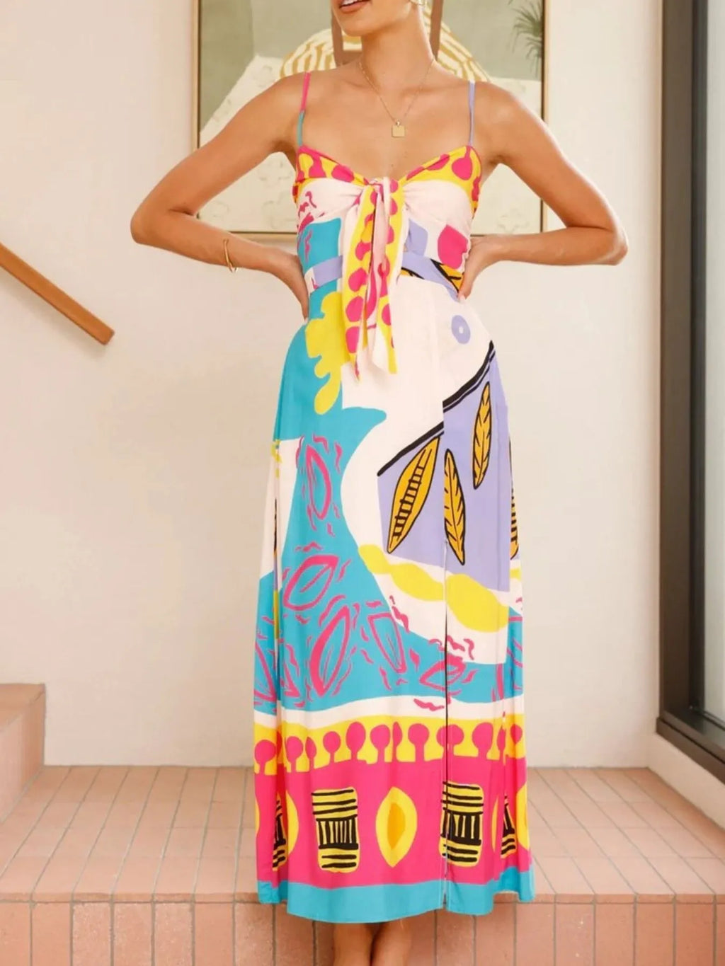 Tied Front Printed Slit Maxi Cami Dress - TNT Dress Co.