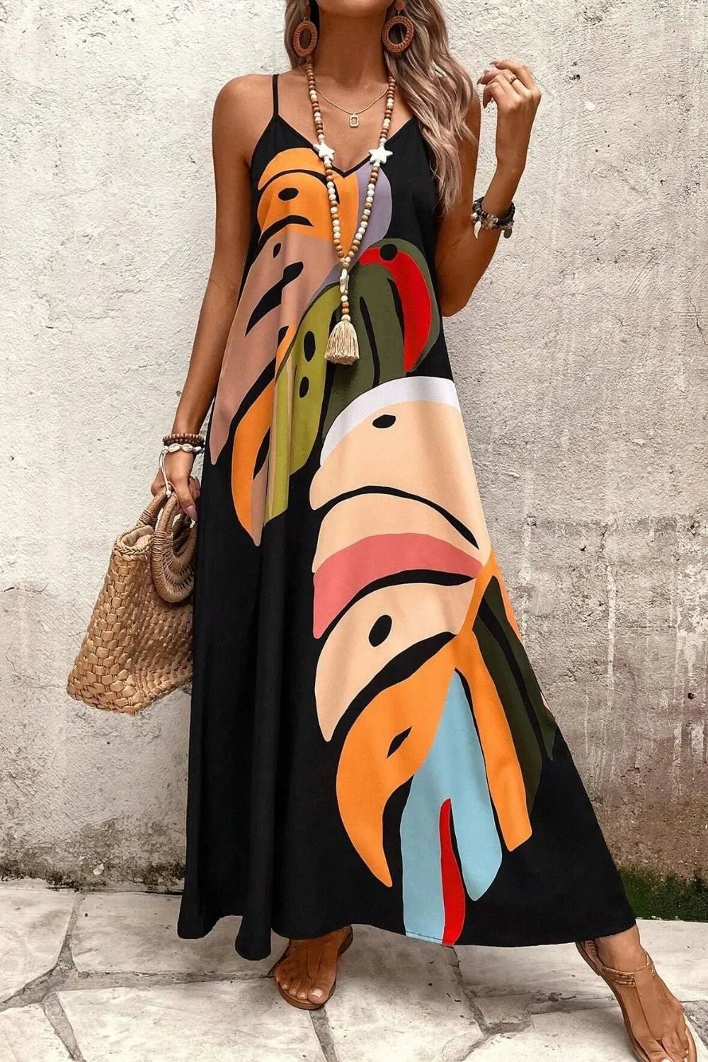 Tropical Leaf Print V - Neck Maxi Cami Dress - TNT Dress Co.