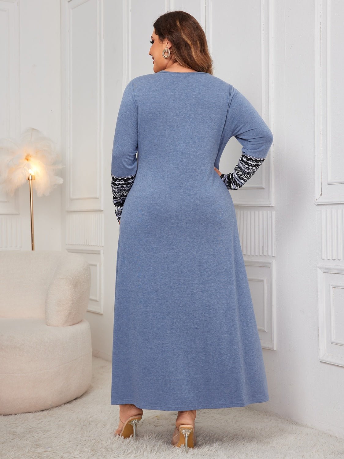 Honey Plus Size Printed Long Sleeve Dress with Round Neck - TNT Dress Co.