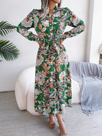 Printed Long Sleeve Midi Dress with Tied Detail - TNT Dress Co.
