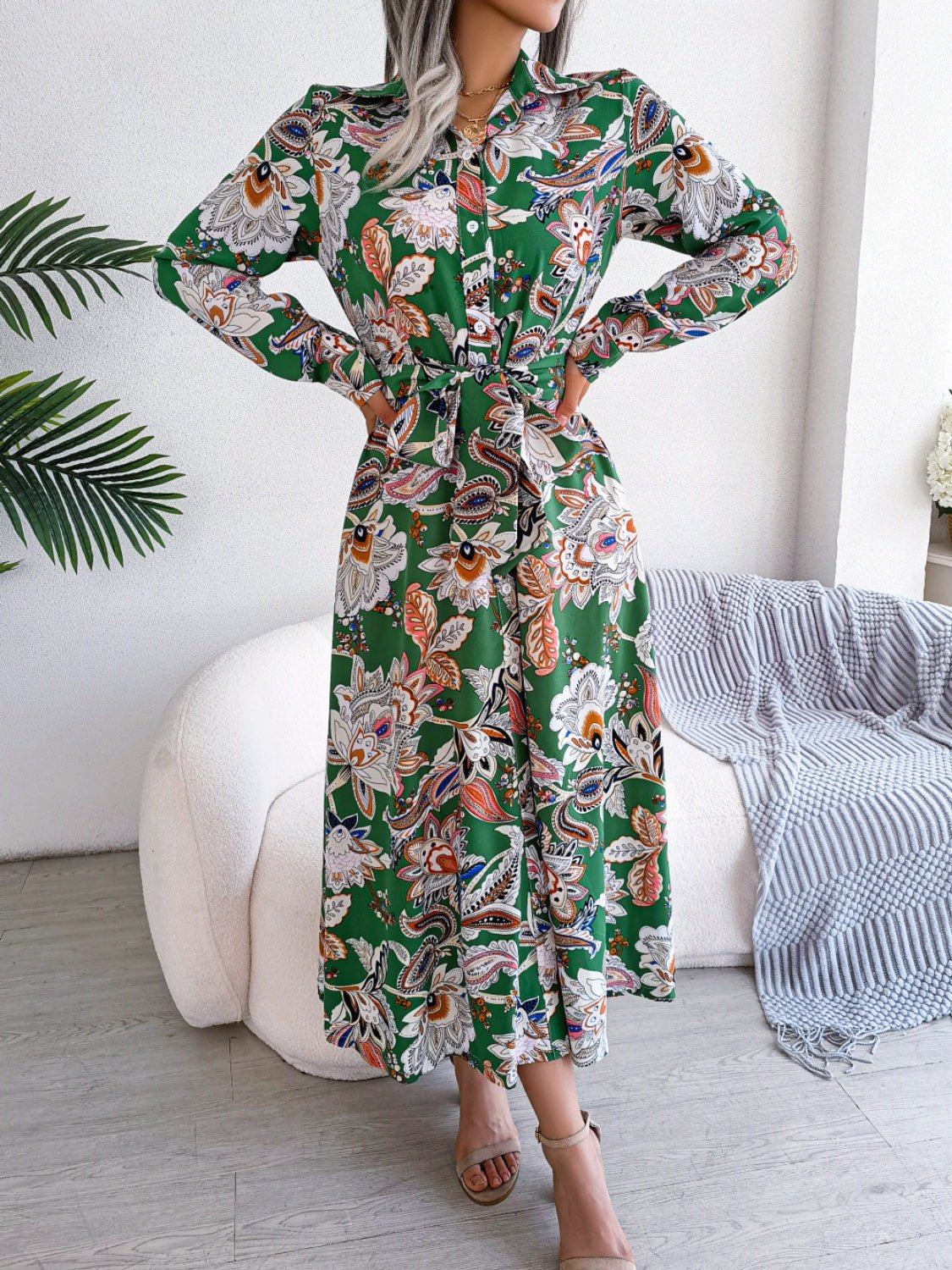 Printed Long Sleeve Midi Dress with Tied Detail - TNT Dress Co.