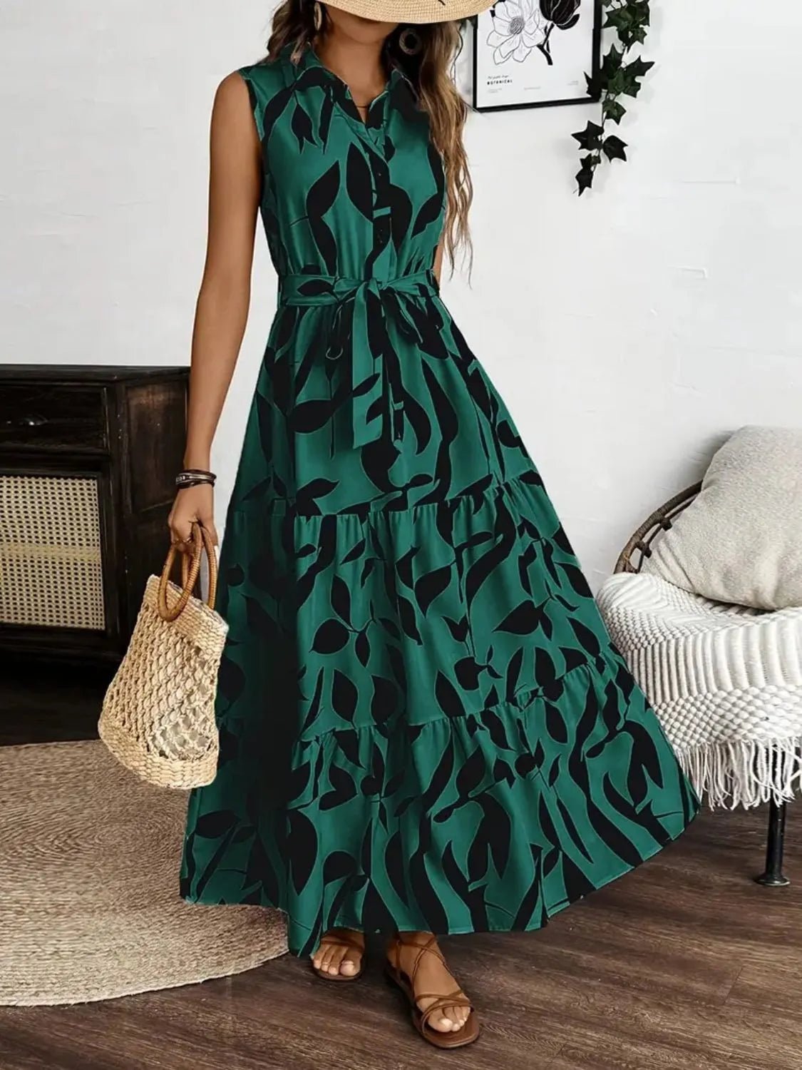 Printed Tie Waist Sleeveless Maxi Dress - TNT Dress Co.